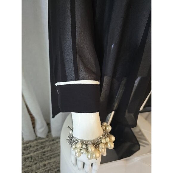 Women's Wynne Layers Black White Sheer Tuexdo Button Shirt Long Sleeve Top M - Picture 4 of 7